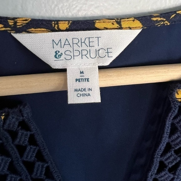 Market & Spruce Navy Mustard Floral Prim Crochet Trim Dress Elastic Waist Medium - Picture 8 of 11